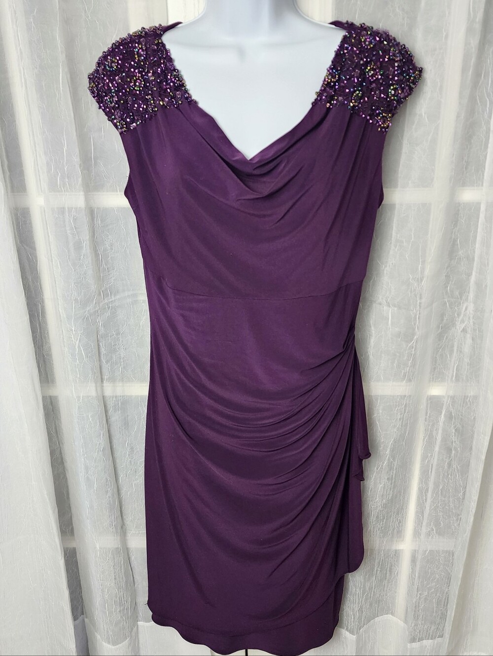 Alex Evenings Purple Matte Jersey Dress 10 Ruched Cowl Neck Beaded Sequin Party